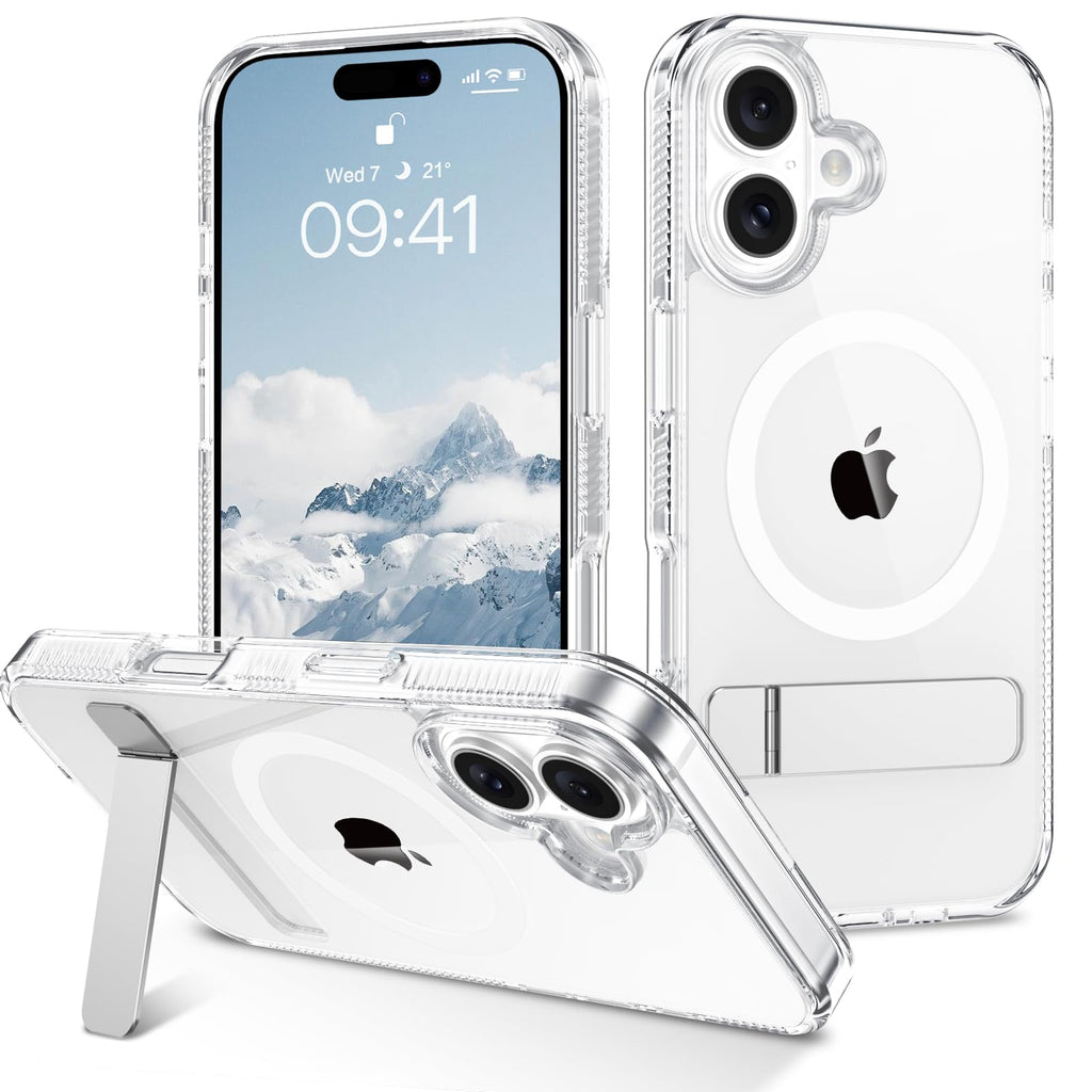 Magnetic iPhone 16 Plus Clear Case with Kickstand [Compatible with Magsafe] Slim Lightweight Shockproof Anti-Yellow Phone Cover for iPhone 16 Plus 6.7 White