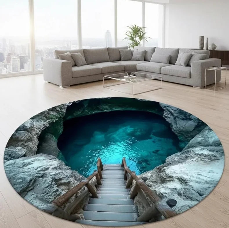 3D Ocean Hole Round Rug Blue Green Water Cave Optical Illusion Carpet Unique Living Room Home Decor Rugs