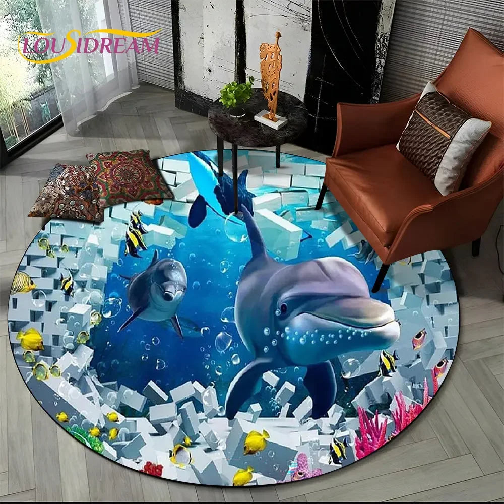 3D Seabed Illusion Underwater World Dolphin Round Area Rug,Carpet for Living Room Bedroom Sofa Playroom Decor,Non-slip Floor Mat