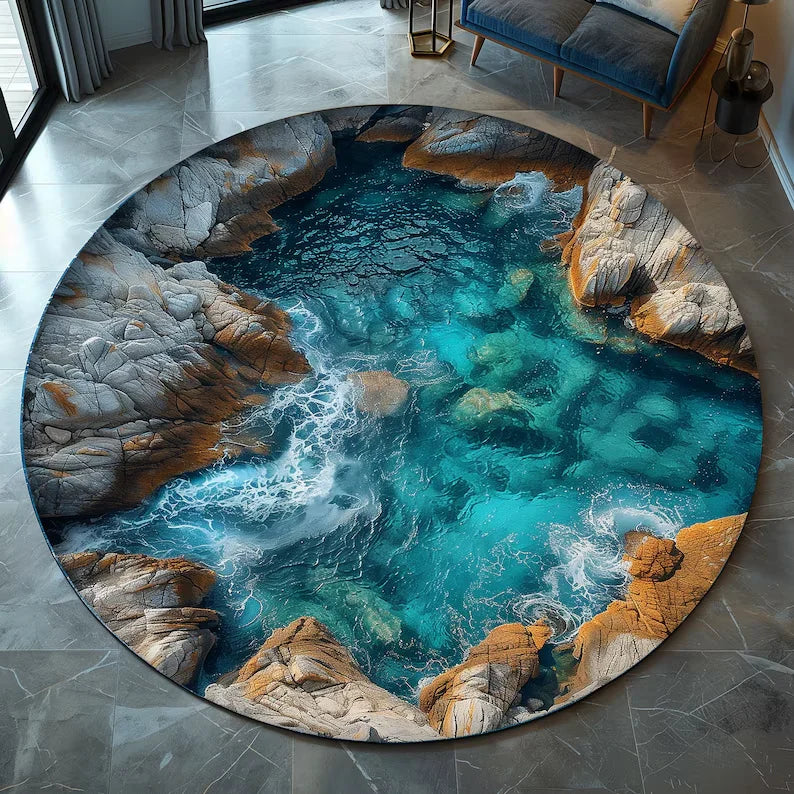 3D Ocean Hole Round Rug Blue Green Water Cave Optical Illusion Carpet Unique Living Room Home Decor Rugs