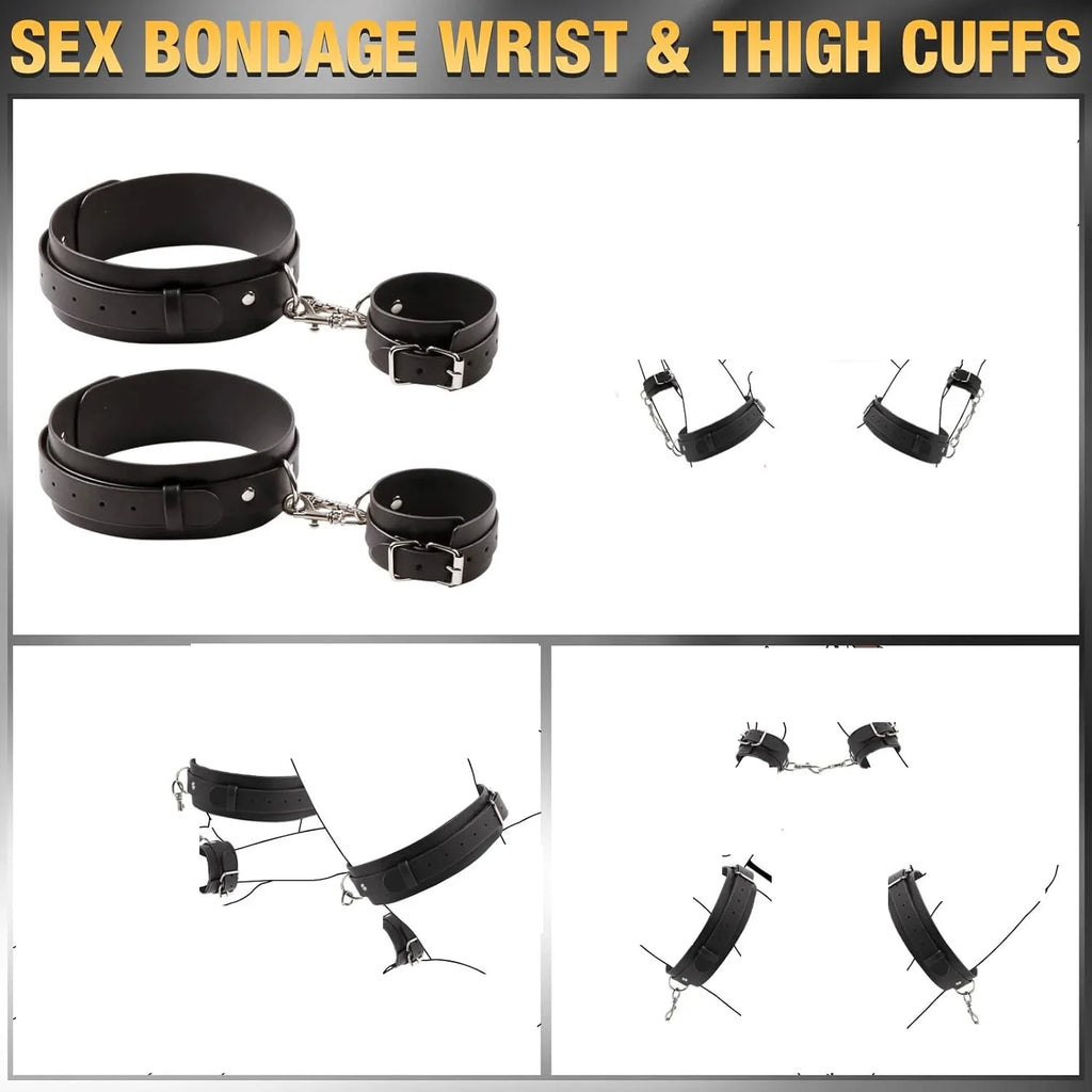 Adult Restraints Straps, Leather Body Chest Harness with Handcuffs & Leg Cuffs, Adjustable Gear for Couples