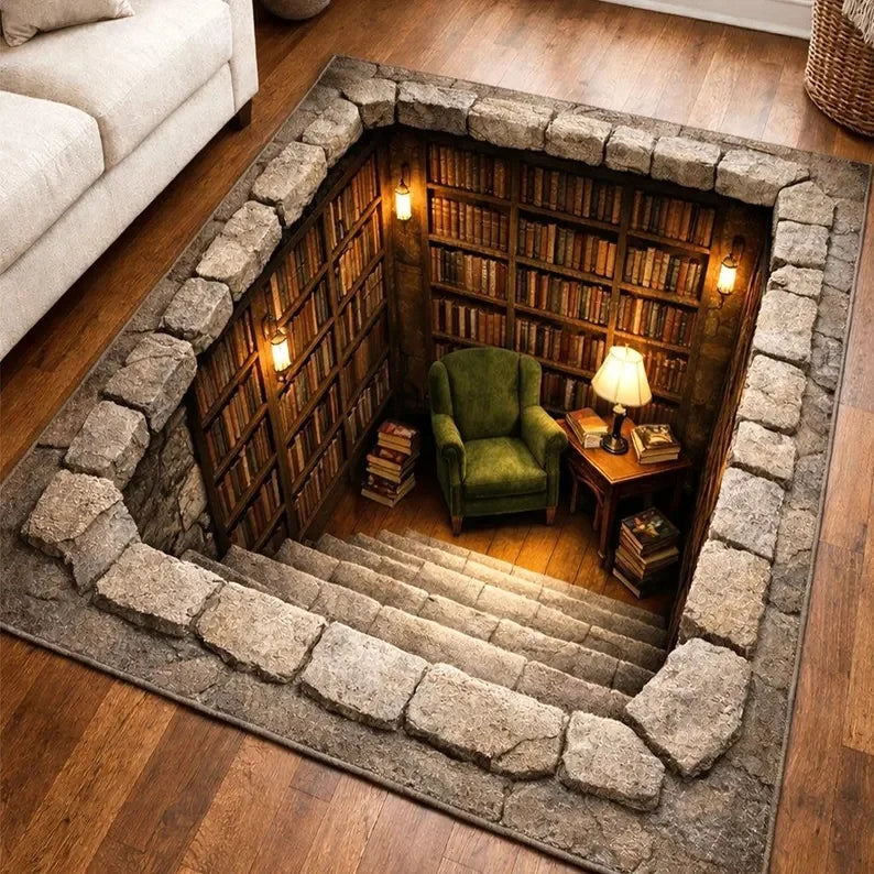 2D Illusion Bookshelf Stairs Area Rug Library Hole Floor Mat for Living Room Bedroom Anti-Slip Carpet for Book Lover Home Decor