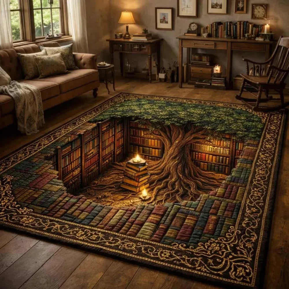 2D Illusion Bookshelf Stairs Area Rug Library Hole Floor Mat for Living Room Bedroom Anti-Slip Carpet for Book Lover Home Decor