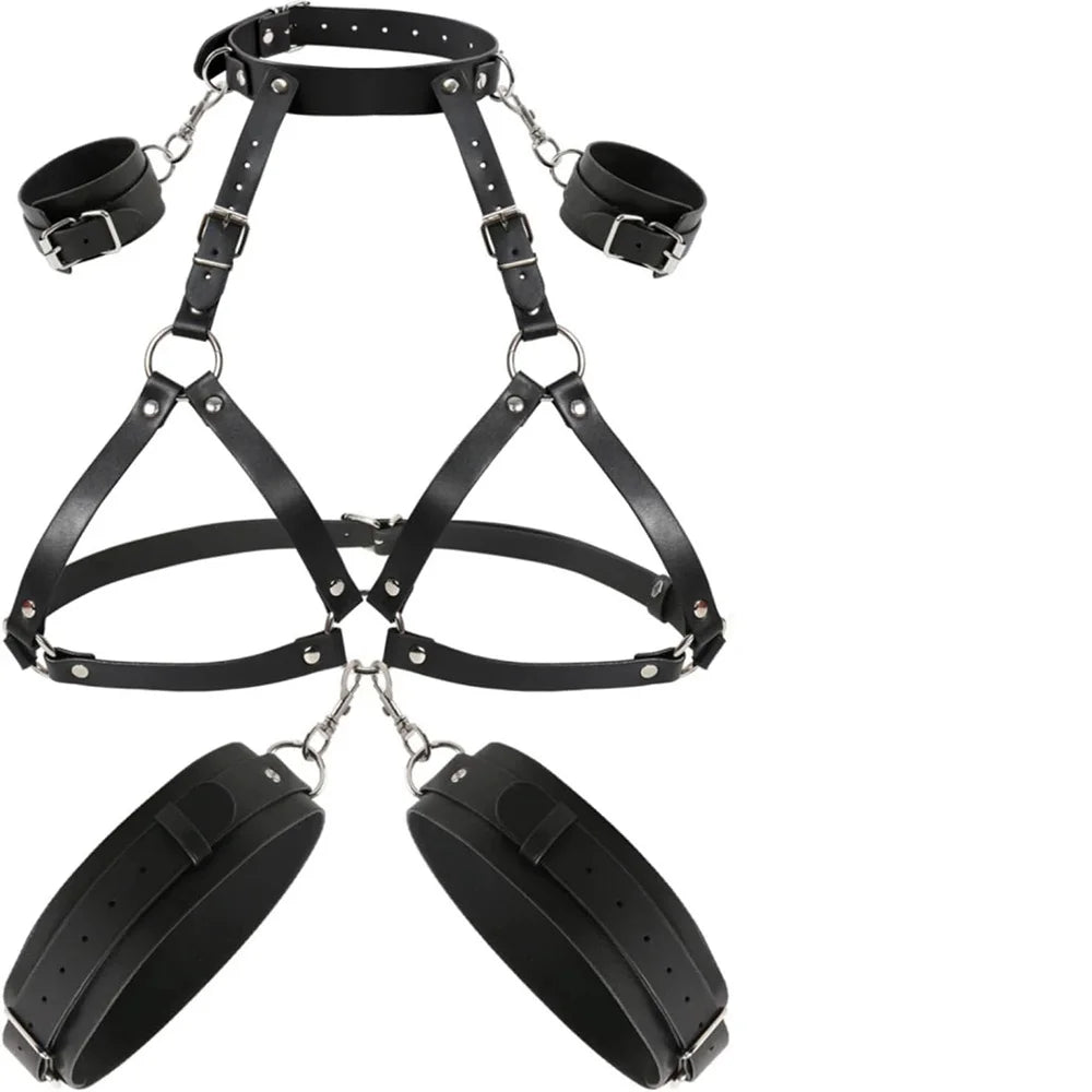 Adult Restraints Straps, Leather Body Chest Harness with Handcuffs & Leg Cuffs, Adjustable Gear for Couples
