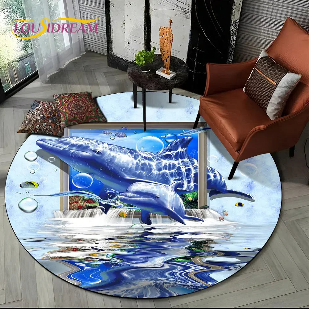 3D Seabed Illusion Underwater World Dolphin Round Area Rug,Carpet for Living Room Bedroom Sofa Playroom Decor,Non-slip Floor Mat
