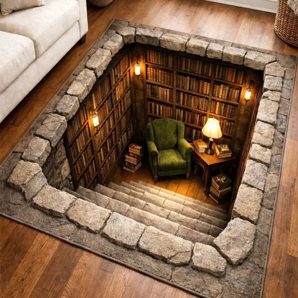 2D Illusion Bookshelf Stairs Area Rug Library Hole Floor Mat for Living Room Bedroom Anti-Slip Carpet for Book Lover Home Decor