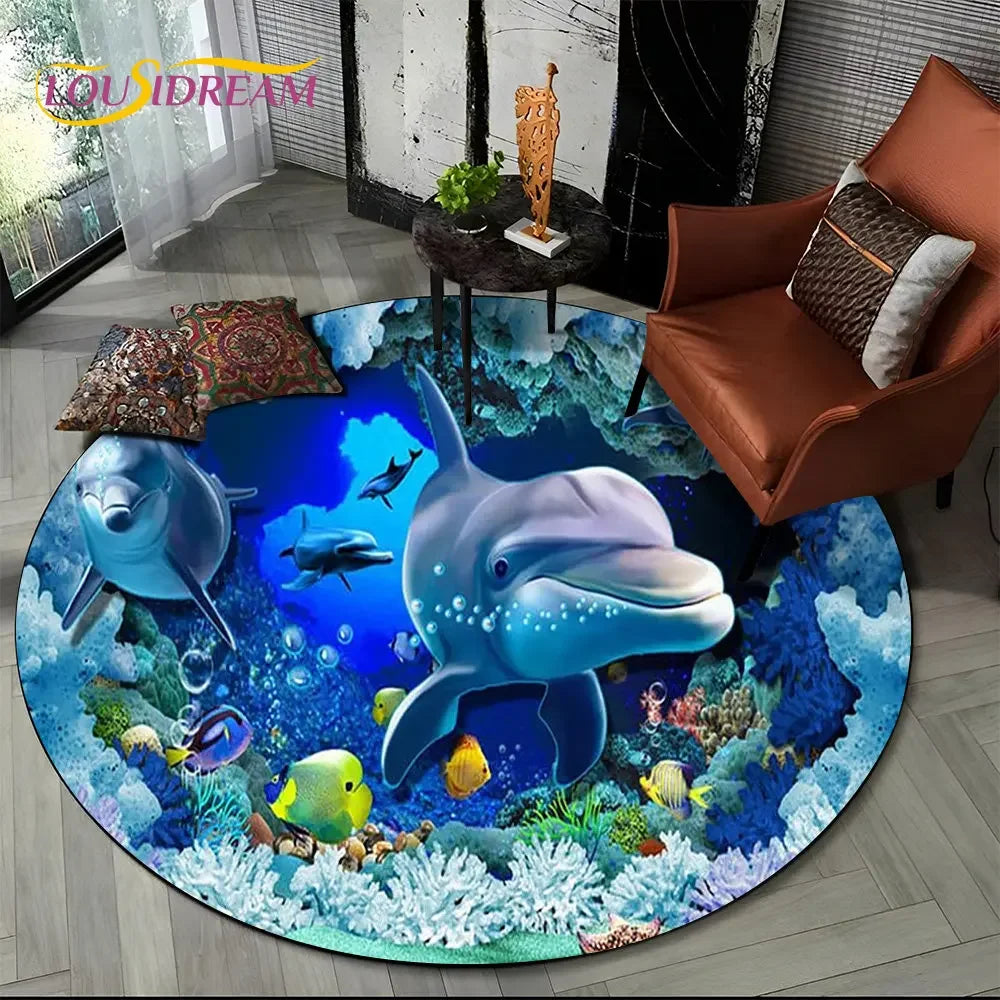 3D Seabed Illusion Underwater World Dolphin Round Area Rug,Carpet for Living Room Bedroom Sofa Playroom Decor,Non-slip Floor Mat
