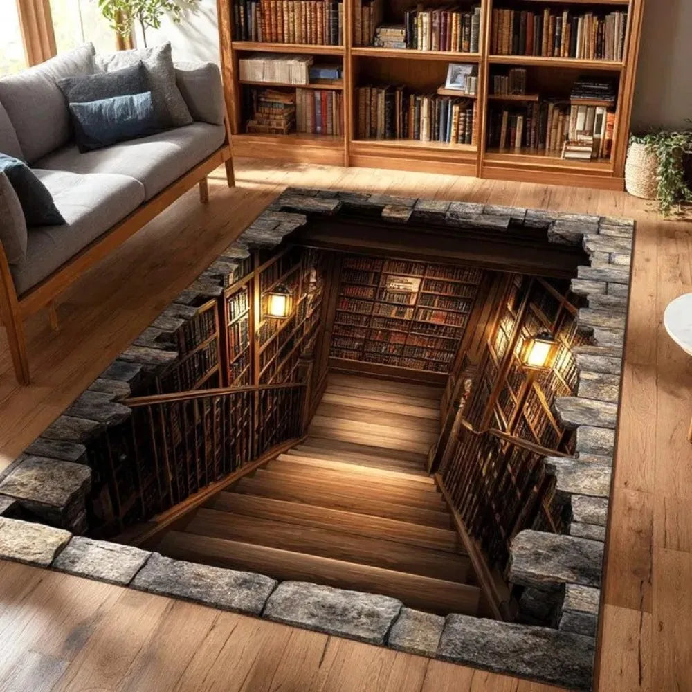 2D Illusion Bookshelf Stairs Area Rug Library Hole Floor Mat for Living Room Bedroom Anti-Slip Carpet for Book Lover Home Decor