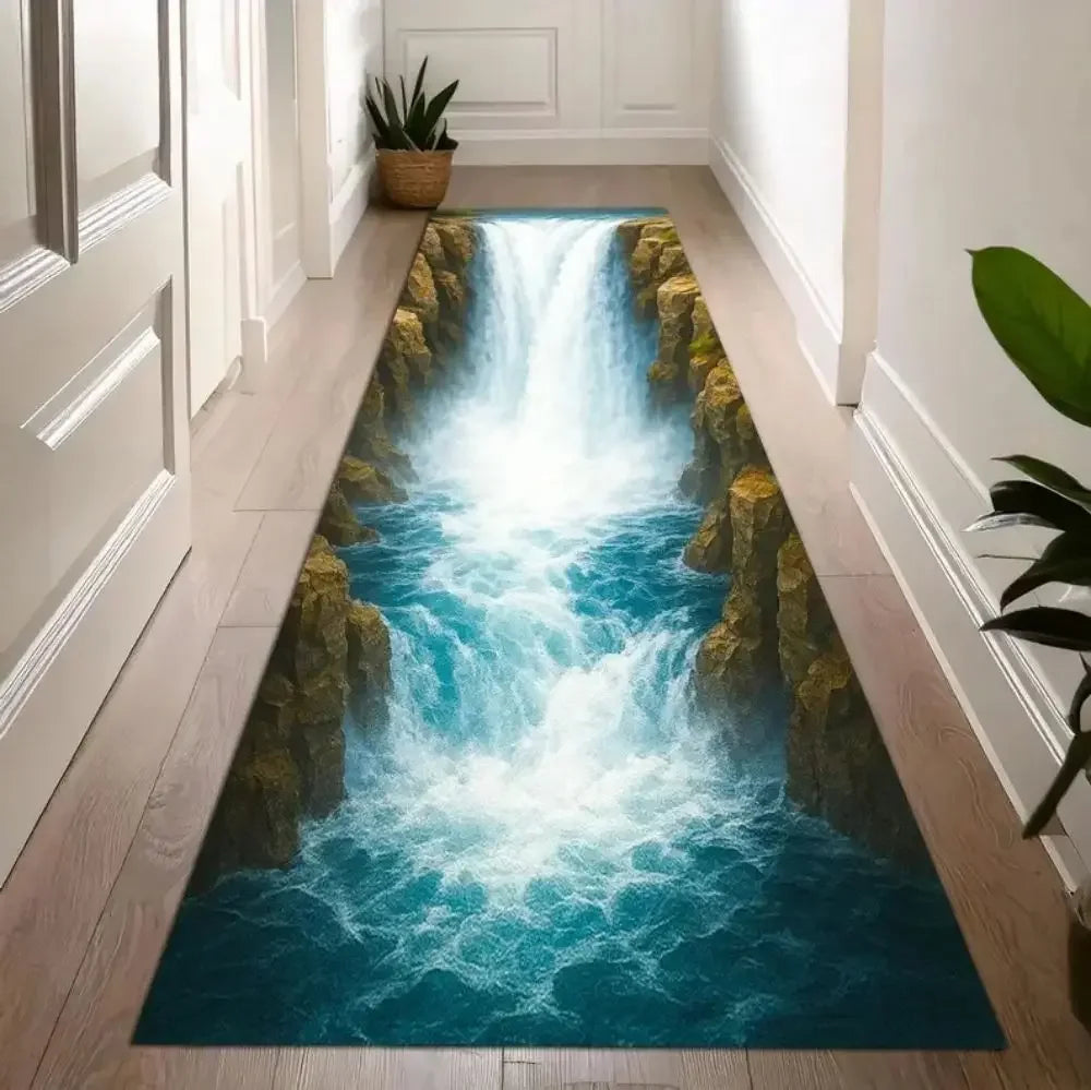 VIKAMA 3D Optical Illusion Runner Carpet Waterfall Abyss Entrance Hallway Mat Soft Bedroom Kitchen Rug Home Decor