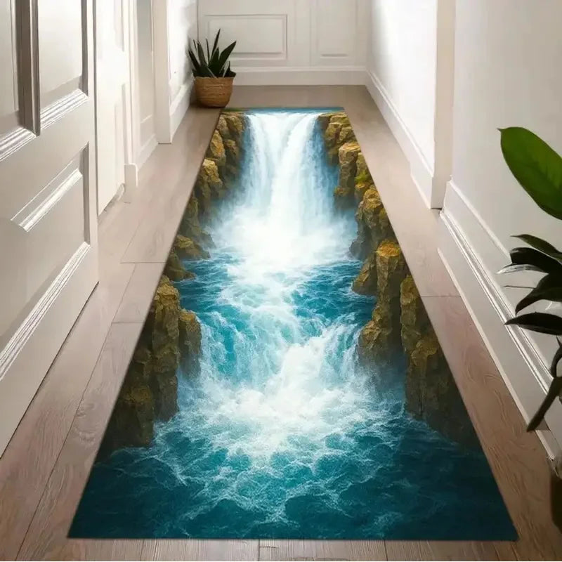 VIKAMA 3D Optical Illusion Runner Carpet Waterfall Abyss Entrance Hallway Mat Soft Bedroom Kitchen Rug Home Decor