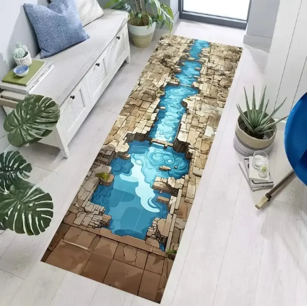 VIKAMA 3D Optical Illusion Runner Carpet Waterfall Abyss Entrance Hallway Mat Soft Bedroom Kitchen Rug Home Decor