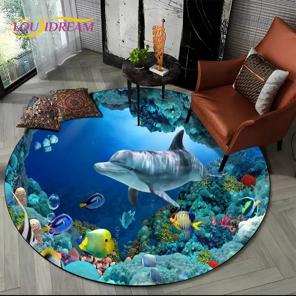3D Seabed Illusion Underwater World Dolphin Round Area Rug,Carpet for Living Room Bedroom Sofa Playroom Decor,Non-slip Floor Mat
