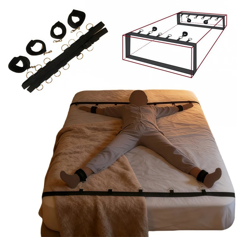 Premium Multi-Ring Bed Restraint Set Soft Plush Wrist And Ankle Restraints Durable And Adjustable Nylon Straps