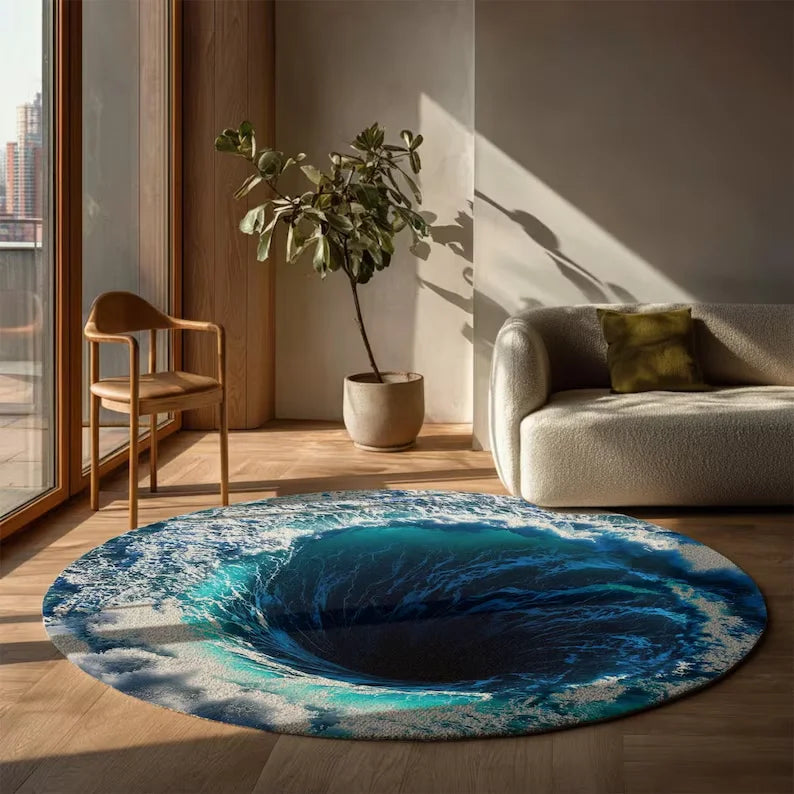 3D Ocean Hole Round Rug Blue Green Water Cave Optical Illusion Carpet Unique Living Room Home Decor Rugs