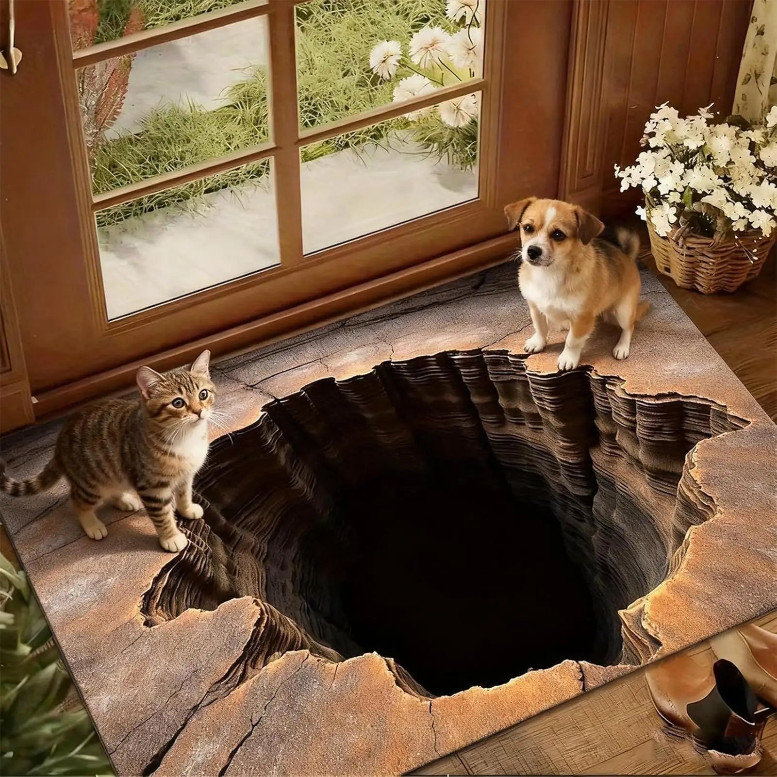 3D Illusion Floor Mat Realistic Black Hole Crack with Non-Slip Backing Washable Indoor Outdoor Rug for Hallway Living Room
