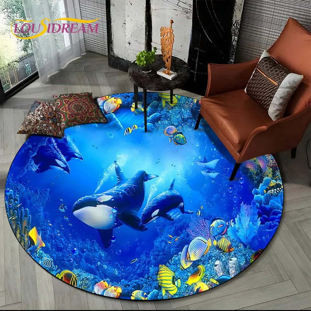3D Seabed Illusion Underwater World Dolphin Round Area Rug,Carpet for Living Room Bedroom Sofa Playroom Decor,Non-slip Floor Mat