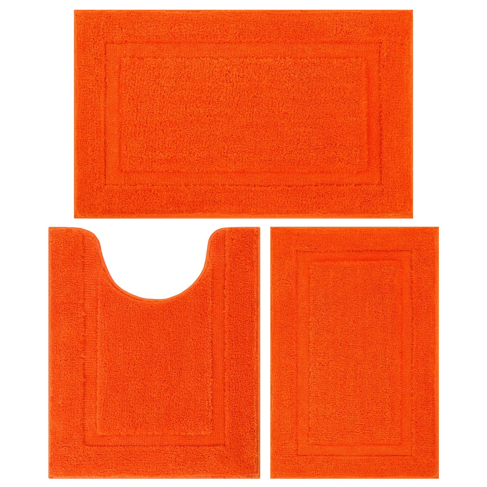 SHACOS Bathroom Rugs Set of 3 Soft Bath Mats Set with U Shape Toilet Rugs Absorbent Non Slip Washable Microfiber Bath Rugs Bathroom Mats Carpet 16"x24"+20"x32"+U Shaped 20"x24" Orange