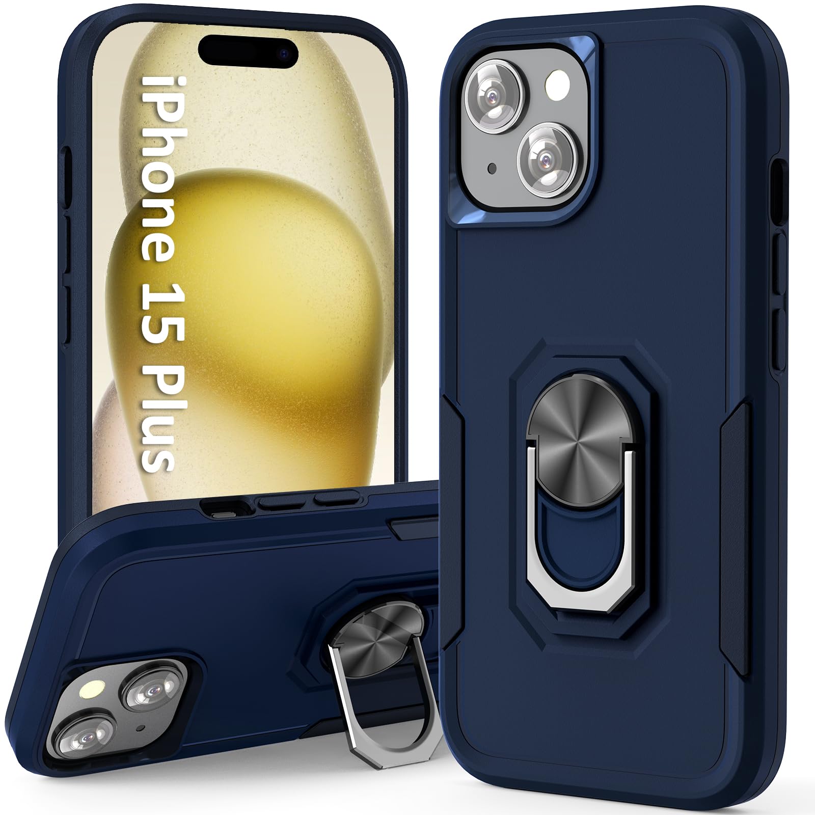 Navy Blue (15) with Kickstand Built-in 360°Rotate Ring Stand for iPhone 15 Plus - Blue