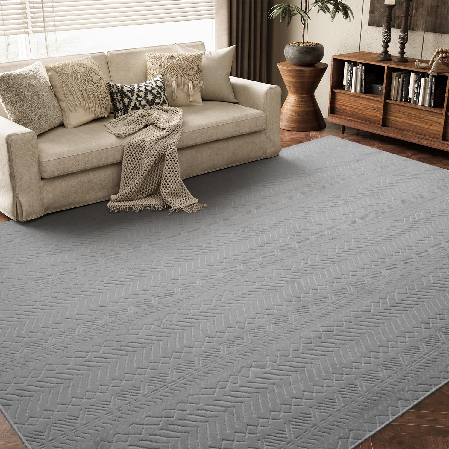 AMOAMI-Washable Area Rugs 9x12-Boho Light Grey Rugs for Living Room Machine Washable-3D Rugs for Bedroom-Non Slip Floor Rug-Moroccan Washable Rugs for Bedroom Dining Room