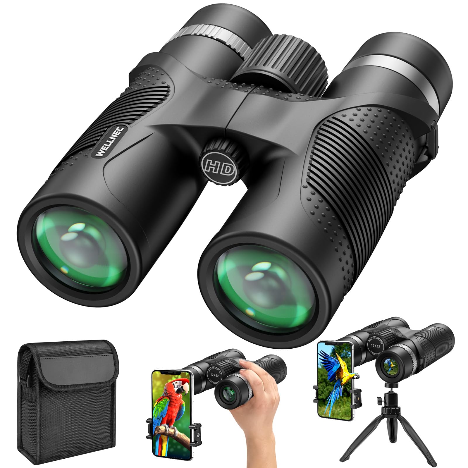 Binoculars for Adults Hunting Bird Watching - WELLNEC 12x42 HD 367/1000yds Binoculars High Powered with BaK4 Prisms Pro Birding Bird Watching Hunting Binoculars Phone Adapter Tripod